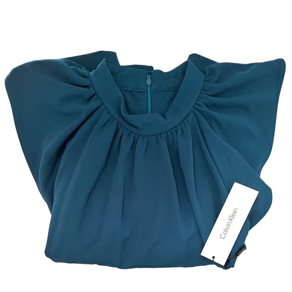 Calvin Klein Womens Teal High Neck Short Flutter Sleeve Shift Dress Sz 14 New - Picture 5 of 9
